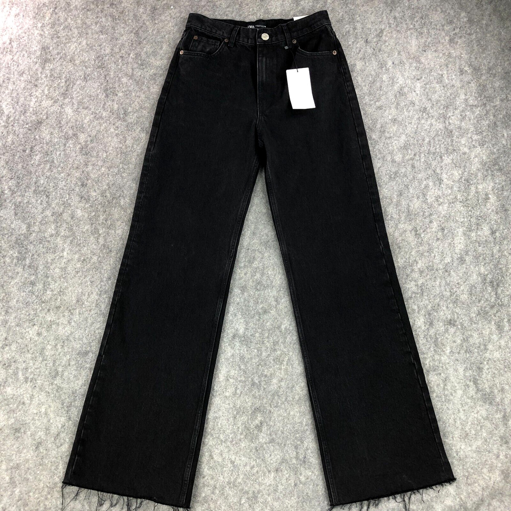NEW Zara Womens Jeans Size 6 Black Wide Leg High Rise Inseam 33" 100% Cotton